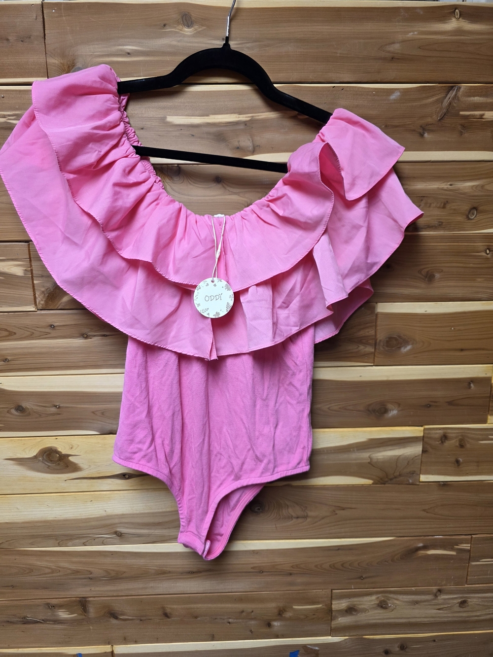 ODDI Pink Ruffle Off-Shoulder Top
